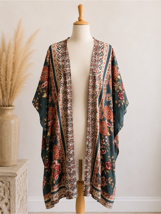 Angie Other - Angie Printed Open-Front Kimono in Teal, Rust and Cream